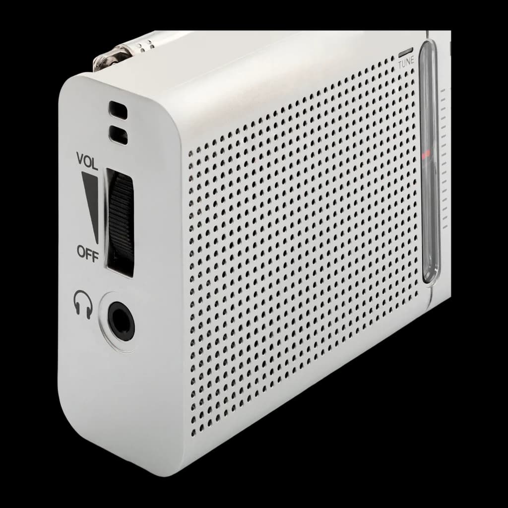 Radio portable Daewoo AM/FM Piles AA Argent DW1037, détail: grille haut-parleur, molette VOL/OFF et prise casque latérale