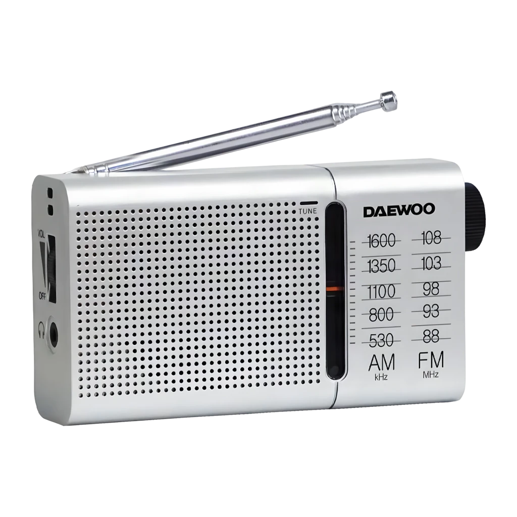 Radio portable Daewoo AM/FM Piles AA Argent DW1037, vue latérale: haut-parleur perforé, syntoniseur et antenne télescopique
