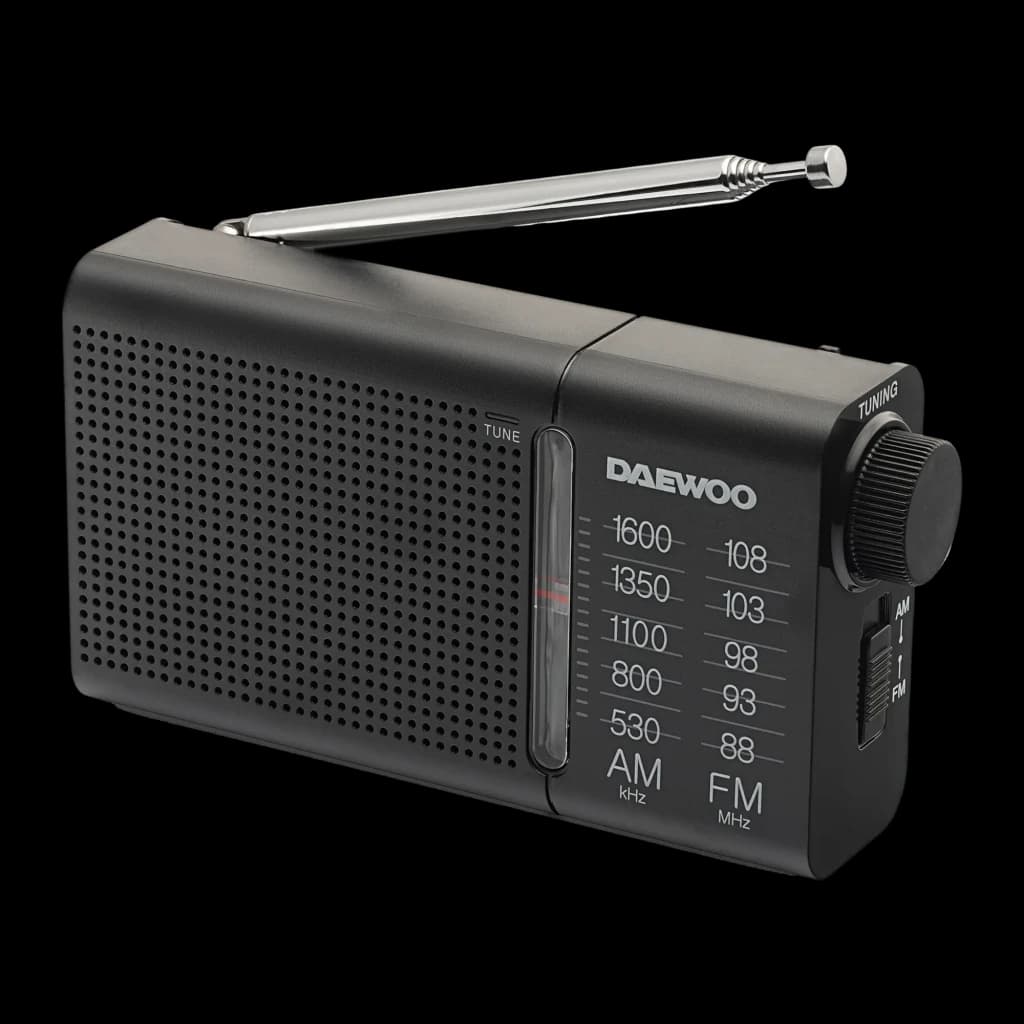Radio portable Daewoo AM/FM à piles Noir DW1119, vue de face: grille haut-parleur, cadran de fréquences AM/FM, bouton