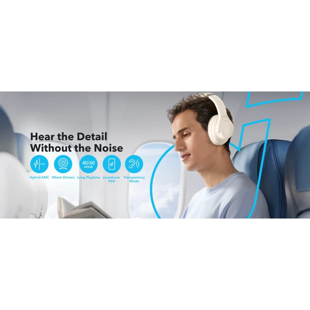 Auriculares Soundcore Q20i Diadema Bluetooth Blanco, lifestyle: hombre en avión con ANC activo leyendo