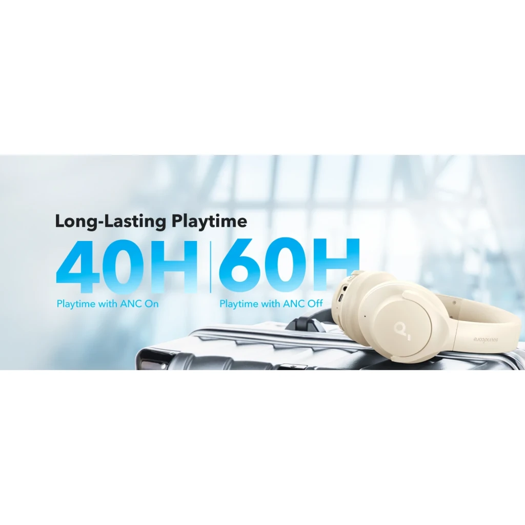 Auriculares Soundcore Q20i Diadema Bluetooth Blanco, lifestyle: sobre maleta con texto 40H ANC on y 60H ANC off
