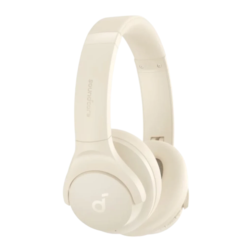 Auriculares Soundcore Q20i Diadema Bluetooth Blanco, vista lateral: diadema con logo y almohadillas sobre fondo negro