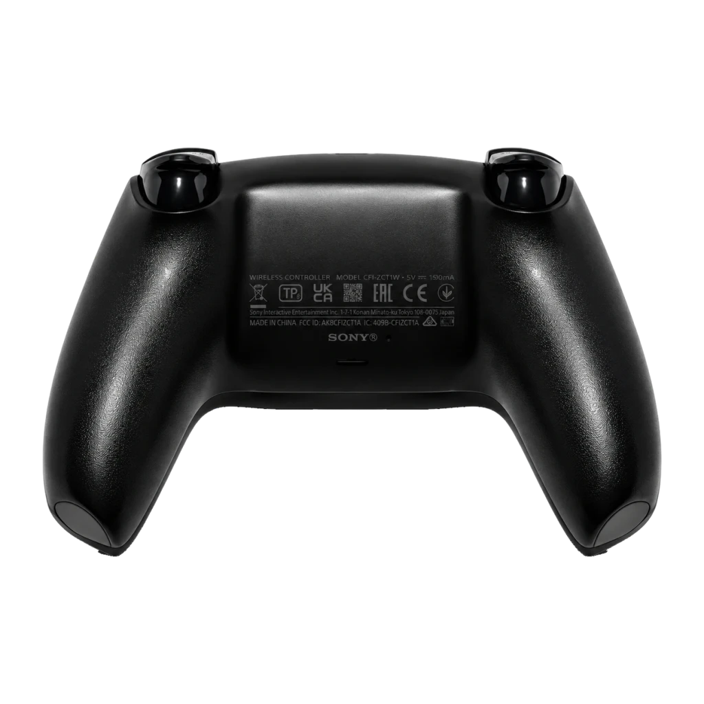 Powergaming Comando Sem Fios Compatível PS5 Preto visto por trás, acabamento fosco, dois gatilhos brilhantes, pegas ergonômicas texturizadas e porta USB