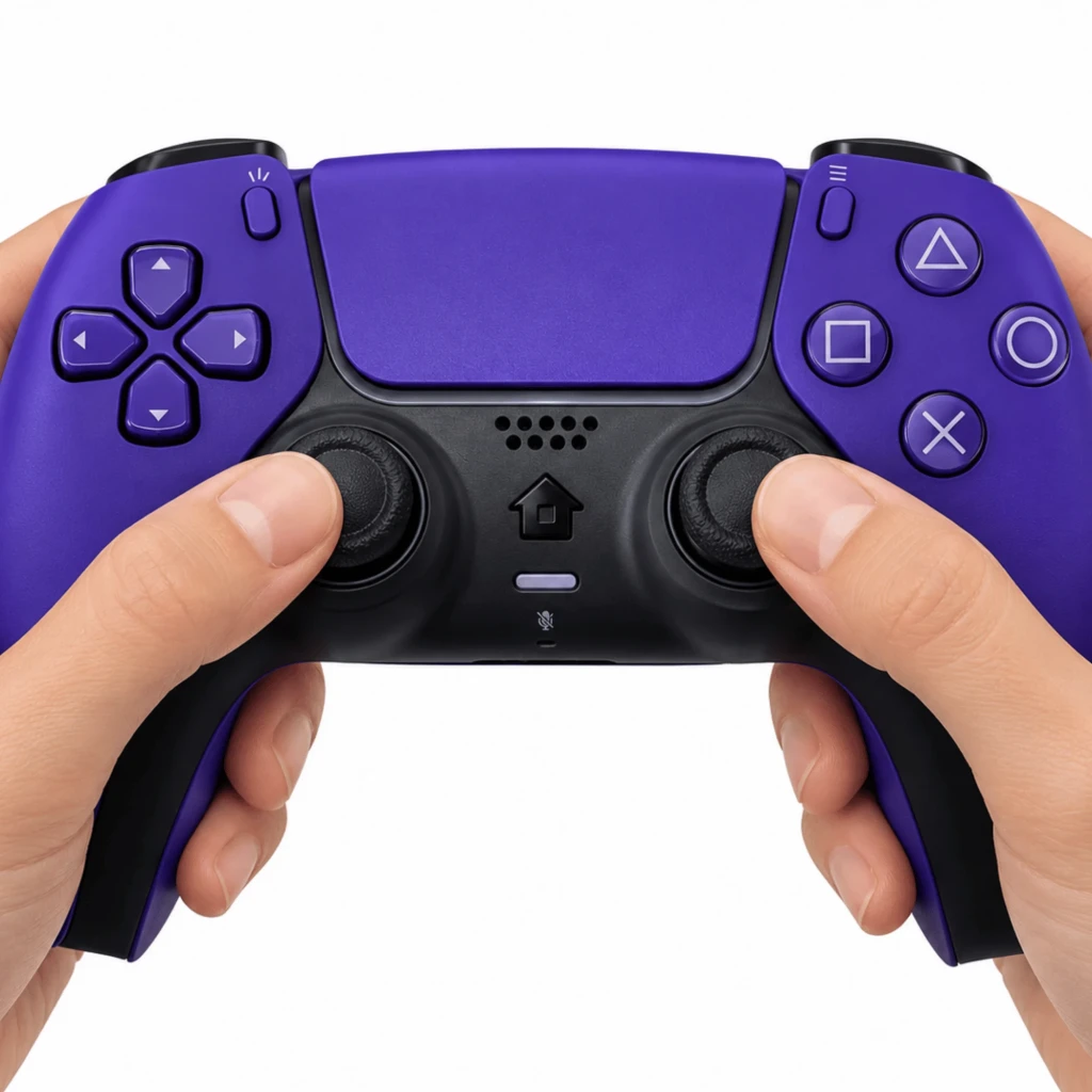 Powergaming Mando Inalámbrico Compatible PS5 Lila con acabado mate, panel táctil central, botones PlayStation y agarres ergonómicos bicolor negro y lila