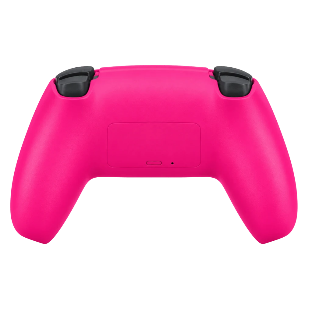 Powergaming Comando Sem Fios Compatível PS5 Rosa, vista traseira: acabamento rosa vibrante, gatilhos ergonômicos pretos e porta USB-C central