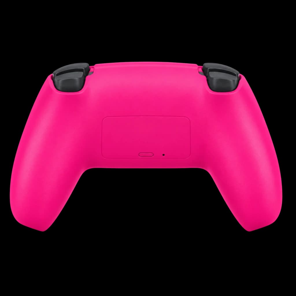 Powergaming Comando Sem Fios Compatível PS5 Rosa, vista traseira: acabamento rosa vibrante, gatilhos ergonômicos pretos e porta USB-C central