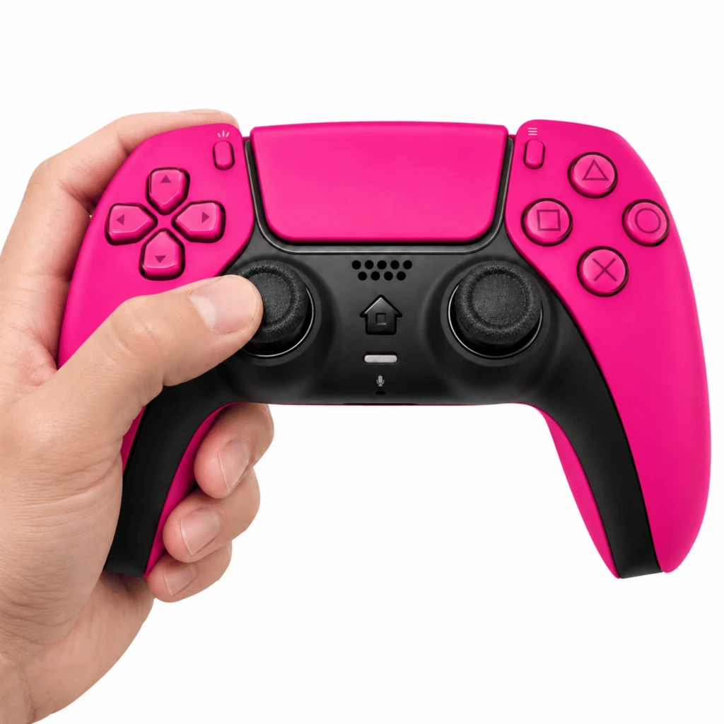 Powergaming Comando Sem Fios Compatível PS5 Rosa com acabamento rosa vibrante, botões pretos, dois analógicos, touchpad central e pegada ergonômica