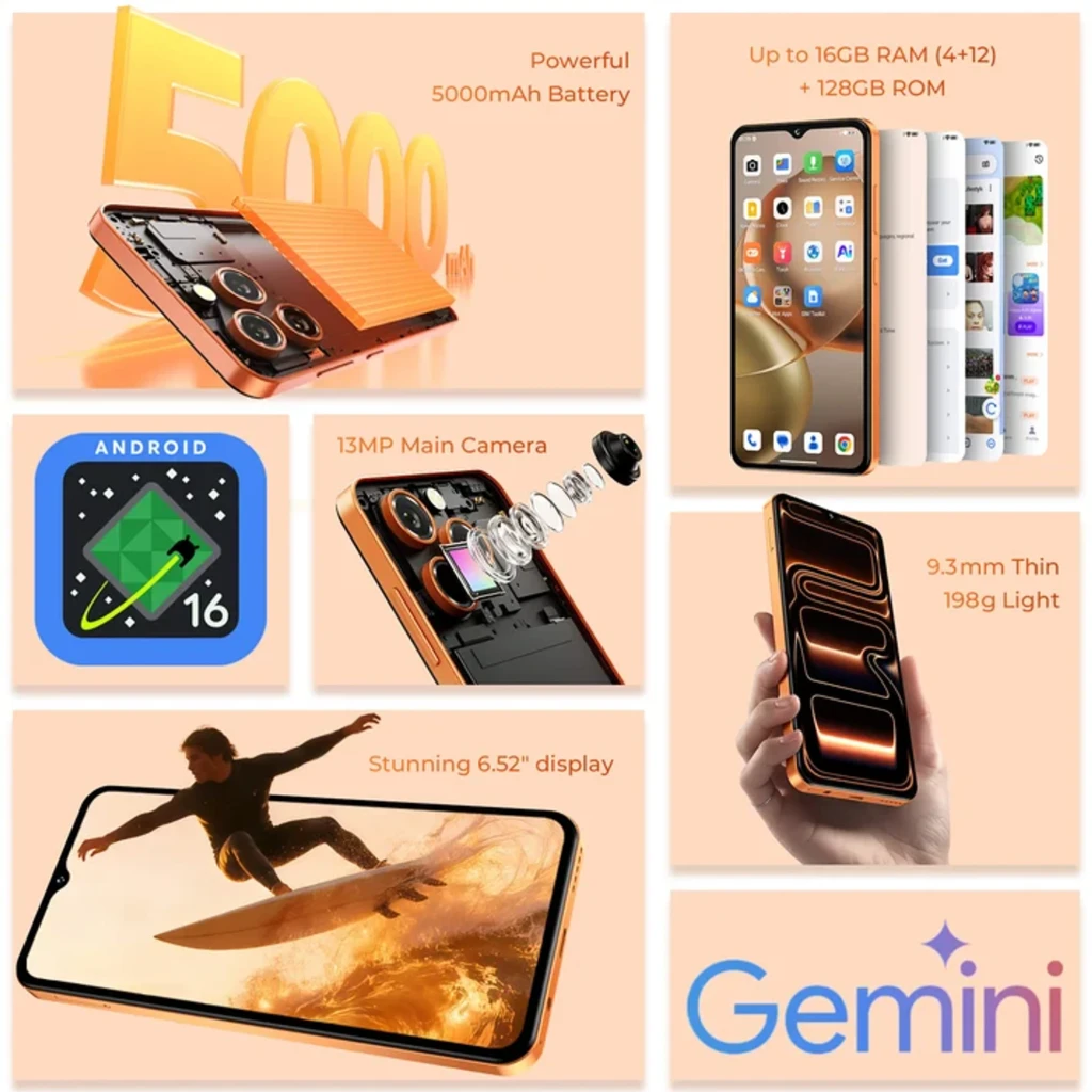 Smartphone Oukitel C17 azul com tela 6,52 HD, câmera traseira tripla com lente principal 13 MP, notch em gota e design elegante; bateria 5000 mAh - Item1