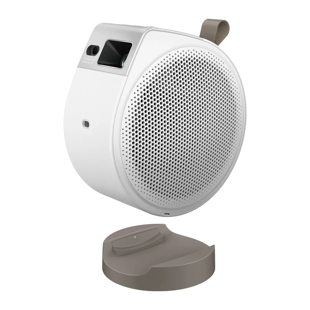 BenQ Proyector GV32 FHD DLP Blanco, vista lateral: rejilla altavoz, lente, pantalla superior, puertos USB y HDMI en base - Ítem2