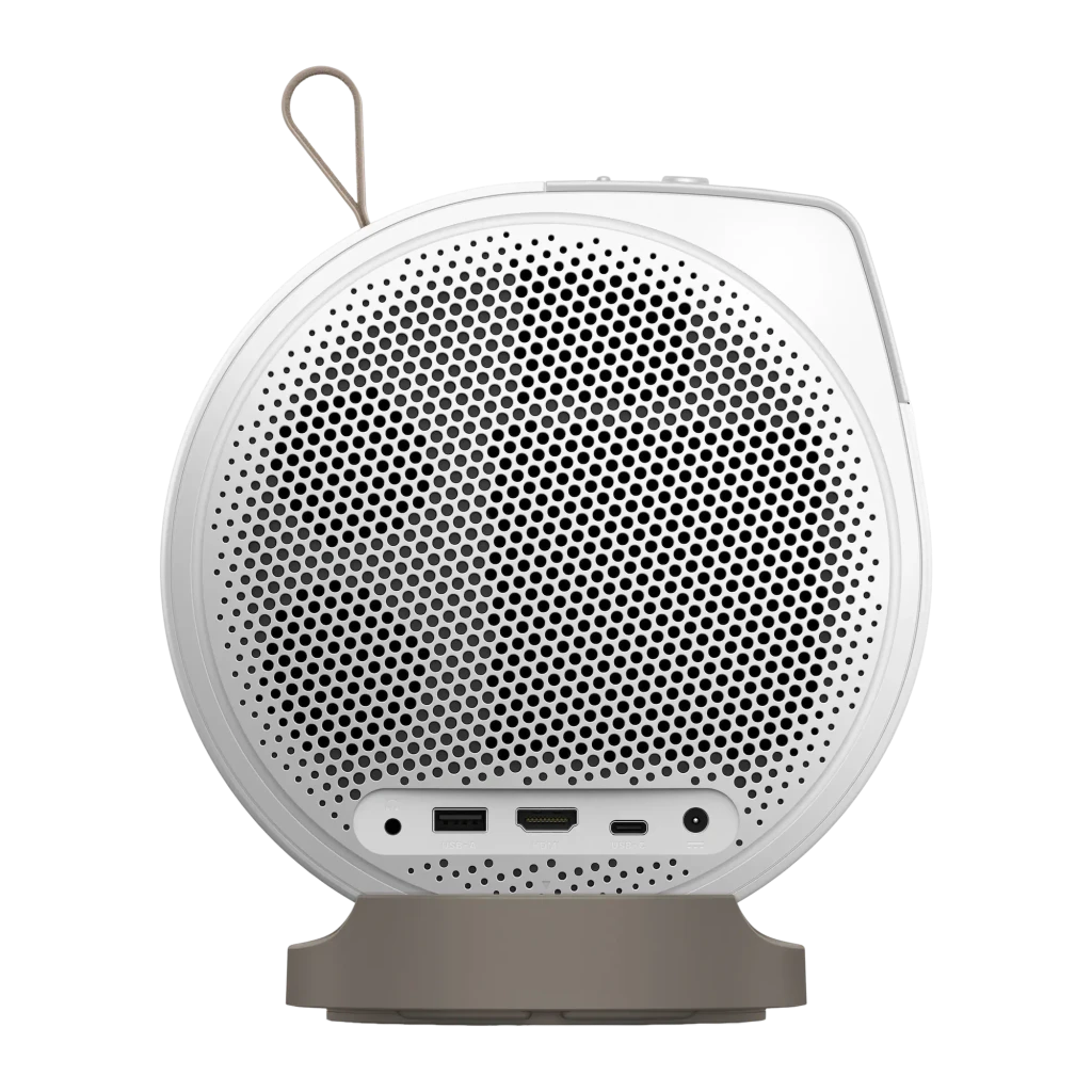 BenQ Proyector GV32 FHD DLP Blanco, vista lateral: rejilla altavoz, lente, pantalla superior, puertos USB y HDMI en base - Ítem1