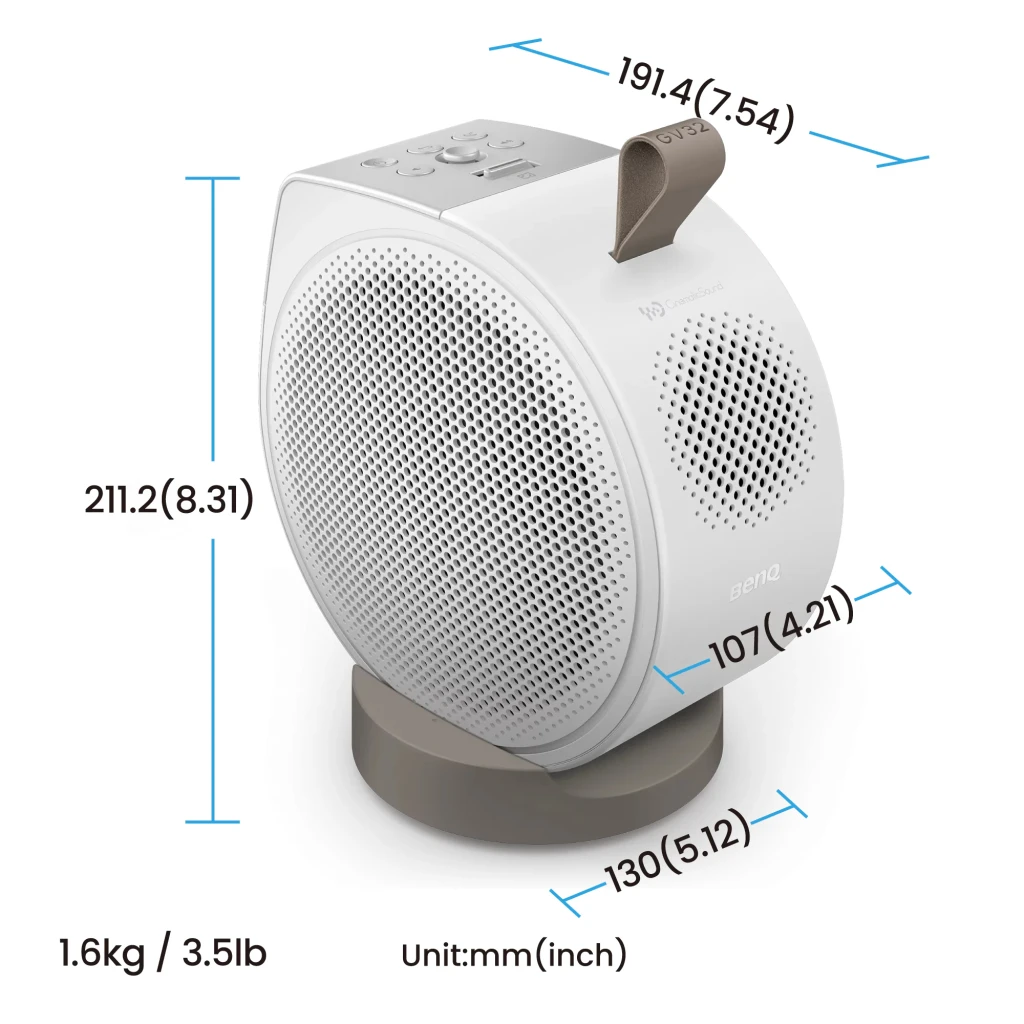BenQ Proyector GV32 FHD DLP Blanco, vista lateral: rejilla altavoz, lente, pantalla superior, puertos USB y HDMI en base - Ítem5