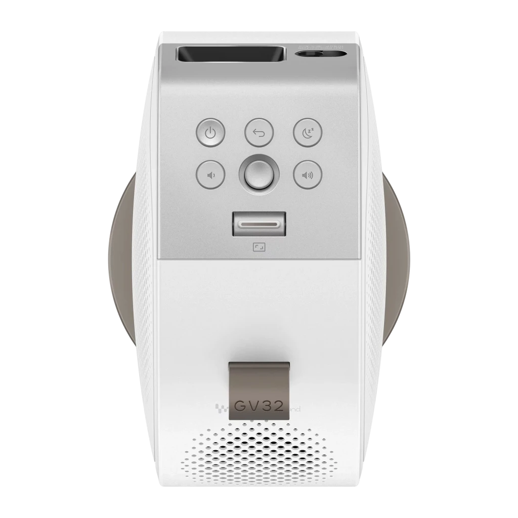 BenQ Proyector GV32 FHD DLP Blanco, vista lateral: rejilla altavoz, lente, pantalla superior, puertos USB y HDMI en base - Ítem4