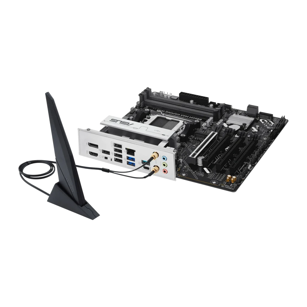 ASUS B850M Max Gaming WiFi mATX Negro, vista producto y caja: placa base AM5 con antena WiFi junto a su packaging - Ítem4