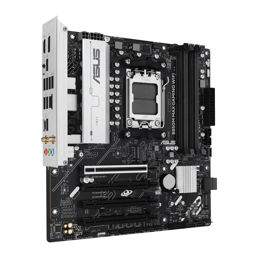 ASUS B850M Max Gaming WiFi mATX Negro, vista producto y caja: placa base AM5 con antena WiFi junto a su packaging - Ítem2