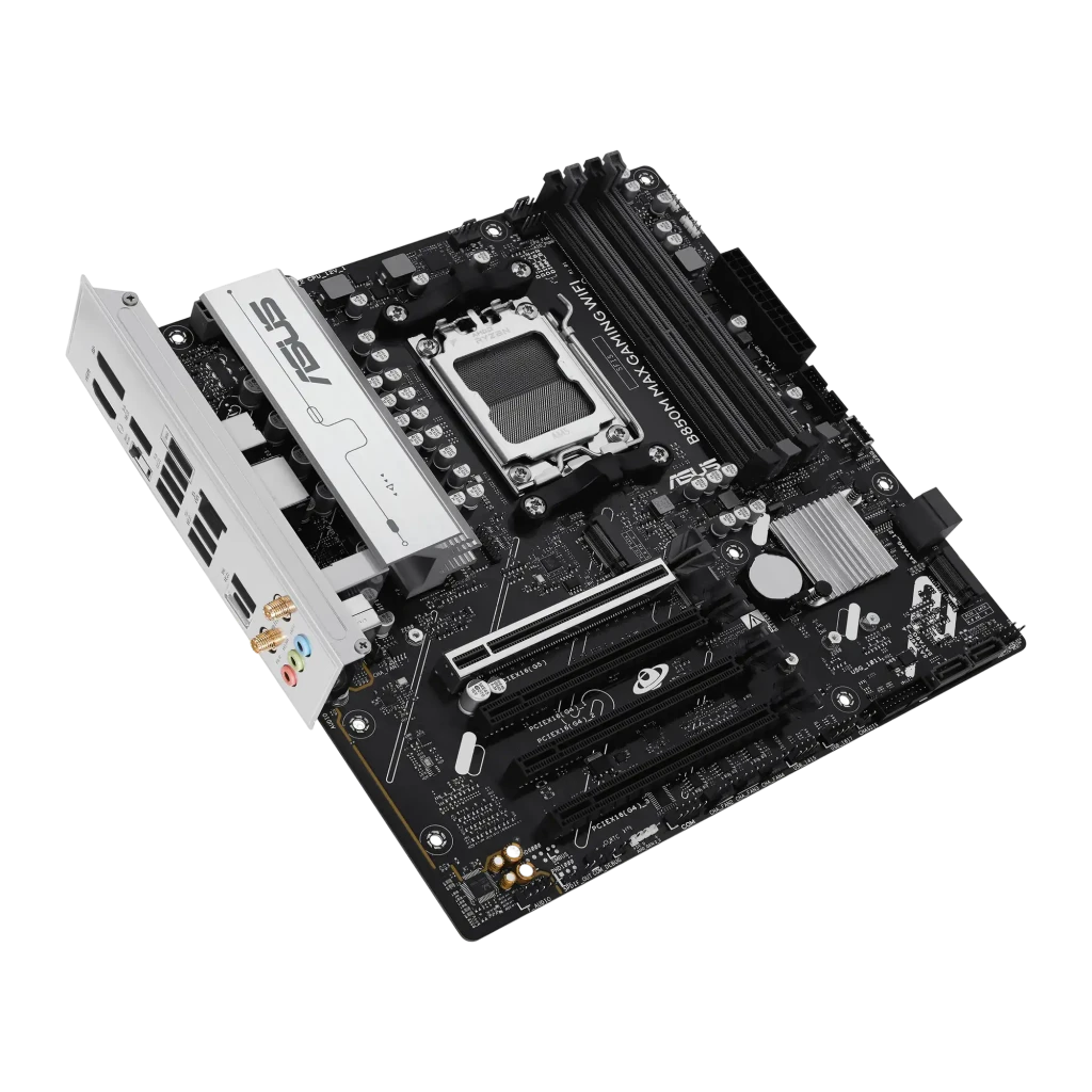 ASUS B850M Max Gaming WiFi mATX Negro, vista producto y caja: placa base AM5 con antena WiFi junto a su packaging - Ítem3