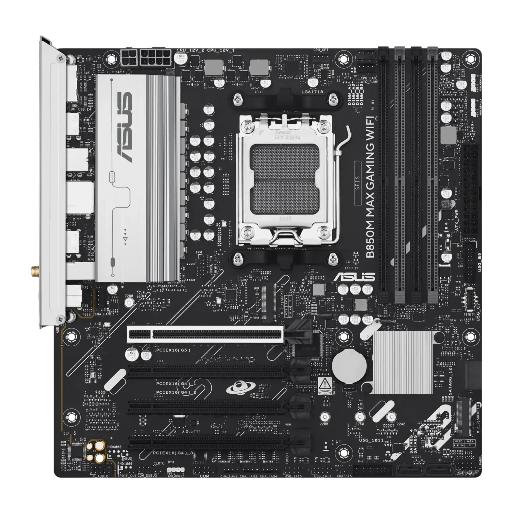 ASUS B850M Max Gaming WiFi mATX Negro, vista producto y caja: placa base AM5 con antena WiFi junto a su packaging - Ítem1