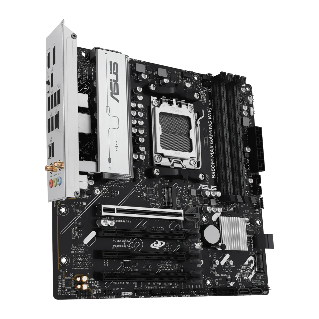 ASUS B850M Max Gaming WiFi mATX Negro, vista producto y caja: placa base AM5 con antena WiFi junto a su packaging - Ítem6