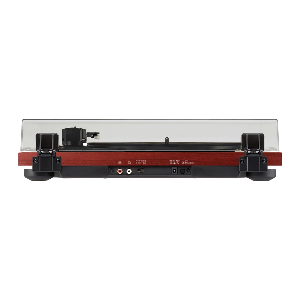 TEAC TN-180BT-A3 cerise, vue de face: couvercle acrylique ouvert, plateau noir et cellule Audio-Technica - Ítem1