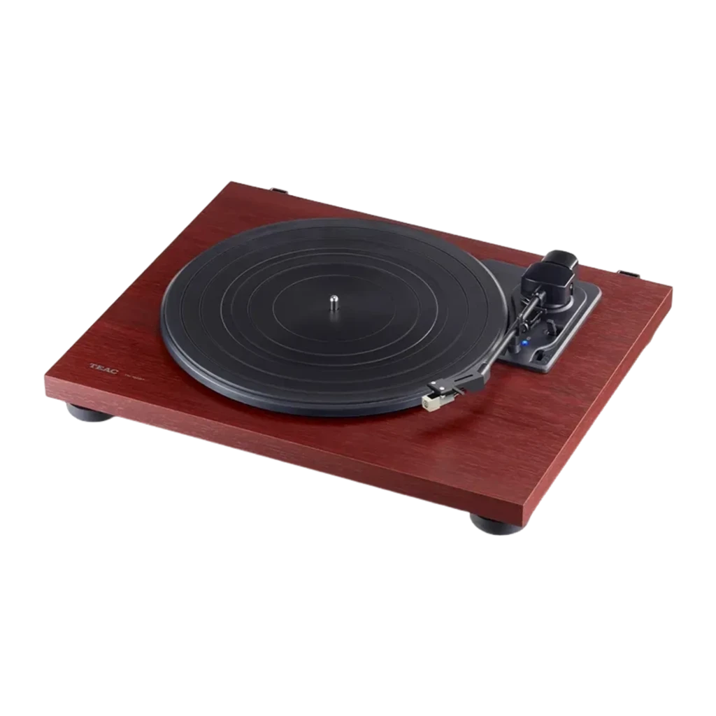 TEAC TN-180BT-A3 cerise, vue de face: couvercle acrylique ouvert, plateau noir et cellule Audio-Technica - Ítem2