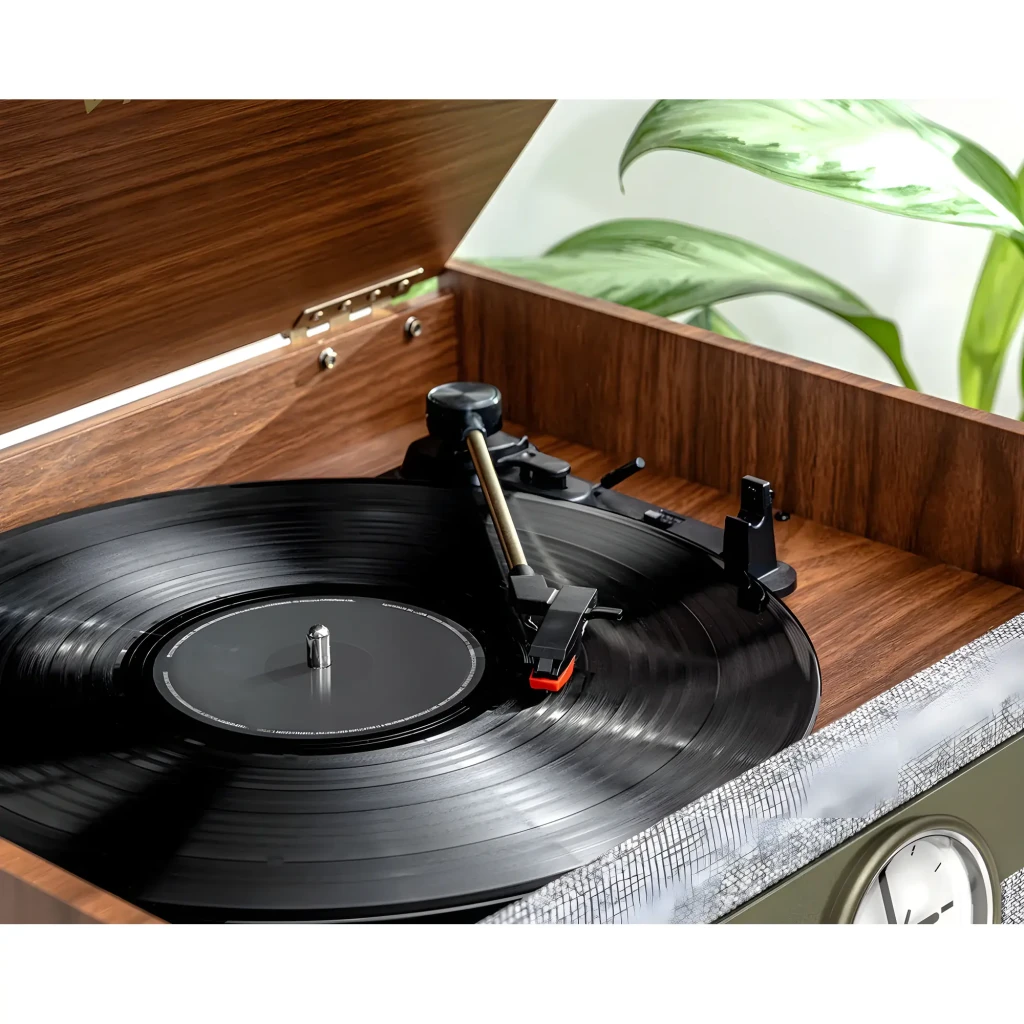 Victrola Century Signature Plus Noyer, vue intérieure : plateau avec vinyle, bras tonearm avec cellule rouge et couvercle ouvert