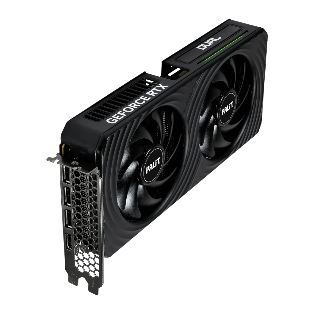 Palit GeForce RTX 5050 Dual 8GB negro, caja y tarjeta: caja verde con logo 8GB junto a la GPU en posición vertical mostrando - Ítem5