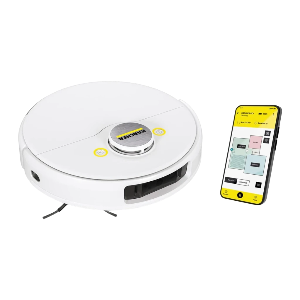 Kärcher Robot Aspirador Blanco, vista superior en ángulo: sensor láser central, botón amarillo y cepillo lateral visibles - Ítem2
