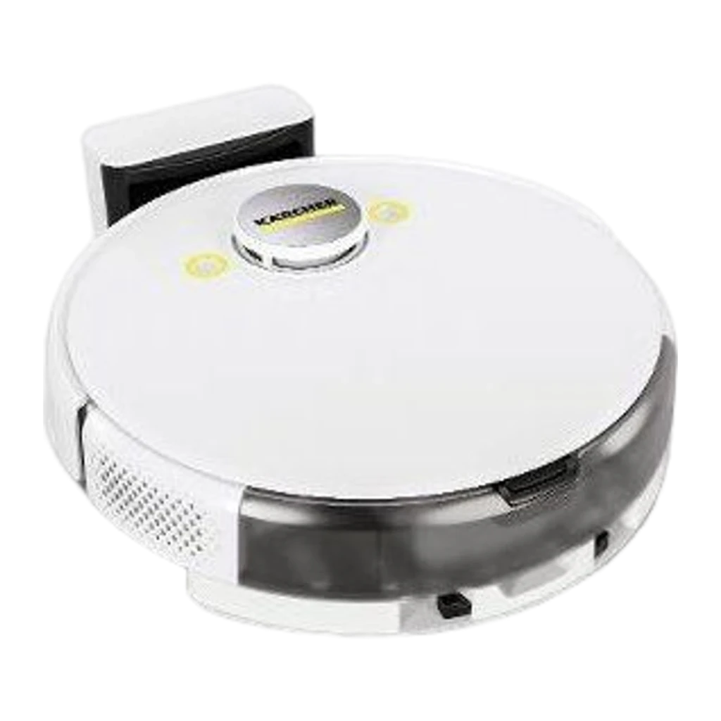 Kärcher Robot Aspirador Blanco, vista superior en ángulo: sensor láser central, botón amarillo y cepillo lateral visibles - Ítem1