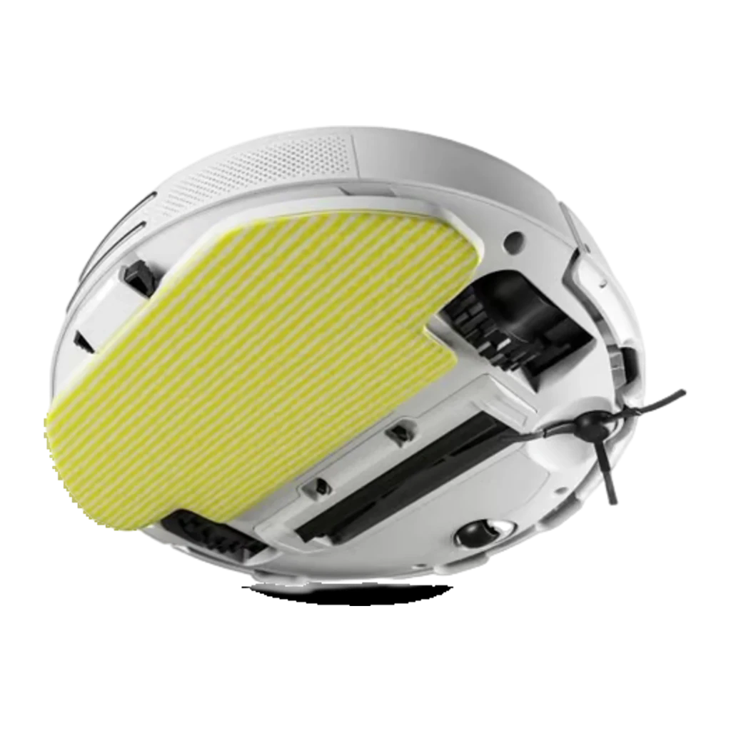 Kärcher Robot Aspirador Blanco, vista superior en ángulo: sensor láser central, botón amarillo y cepillo lateral visibles - Ítem4