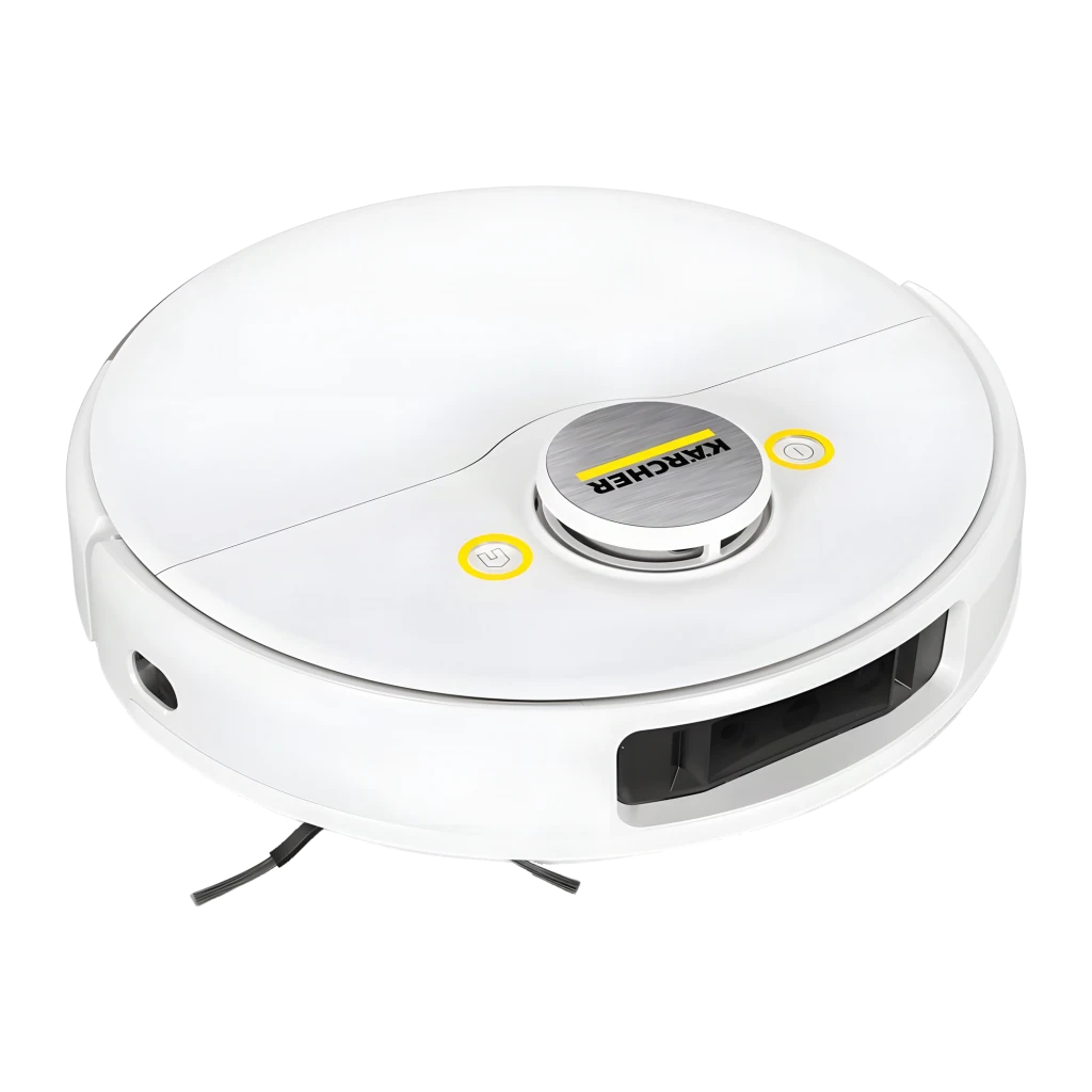 Kärcher Robot Aspirador Blanco, vista superior en ángulo: sensor láser central, botón amarillo y cepillo lateral visibles - Ítem3