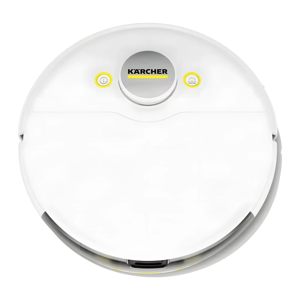 Kärcher Robot Aspirador Blanco, vista superior en ángulo: sensor láser central, botón amarillo y cepillo lateral visibles - Ítem5
