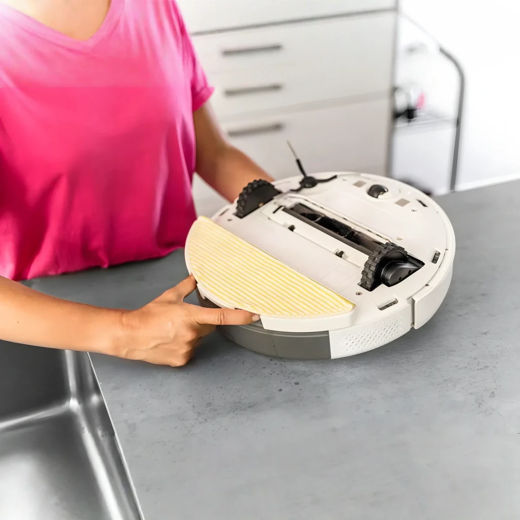 Kärcher Robot Aspirador Blanco, vista superior en ángulo: sensor láser central, botón amarillo y cepillo lateral visibles - Ítem7