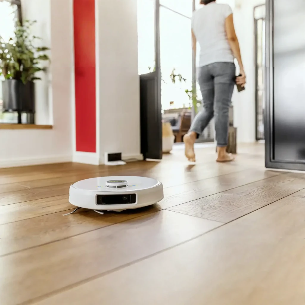 Kärcher Robot Aspirador Blanco, vista superior en ángulo: sensor láser central, botón amarillo y cepillo lateral visibles - Ítem6