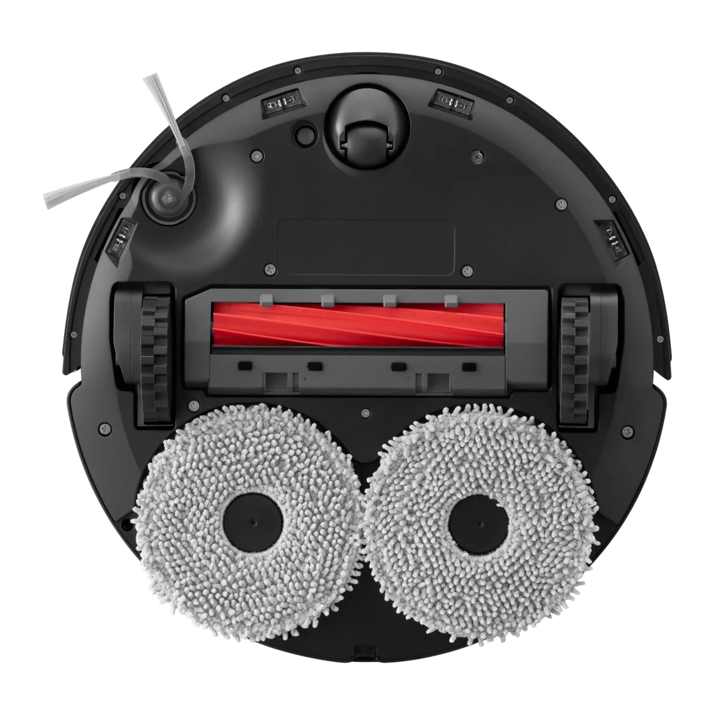 Roborock Qrevo L preto, vista frontal com base: robô acoplado à estação, smartphone e smartwatch com app - Item2