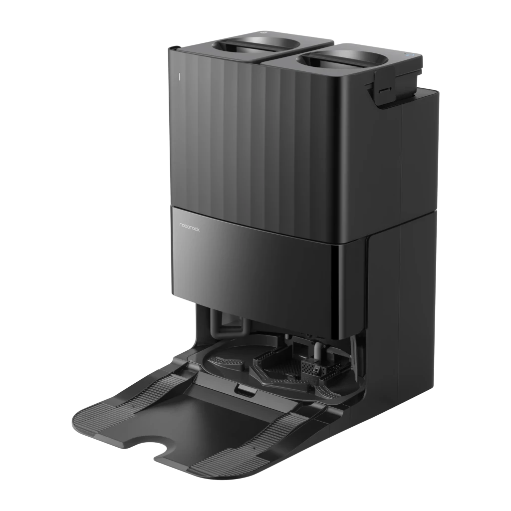Roborock Qrevo L preto, vista frontal com base: robô acoplado à estação, smartphone e smartwatch com app - Item8