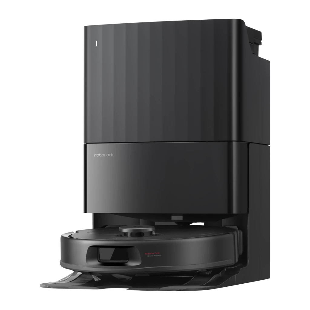 Roborock Qrevo L preto, vista frontal com base: robô acoplado à estação, smartphone e smartwatch com app - Item1