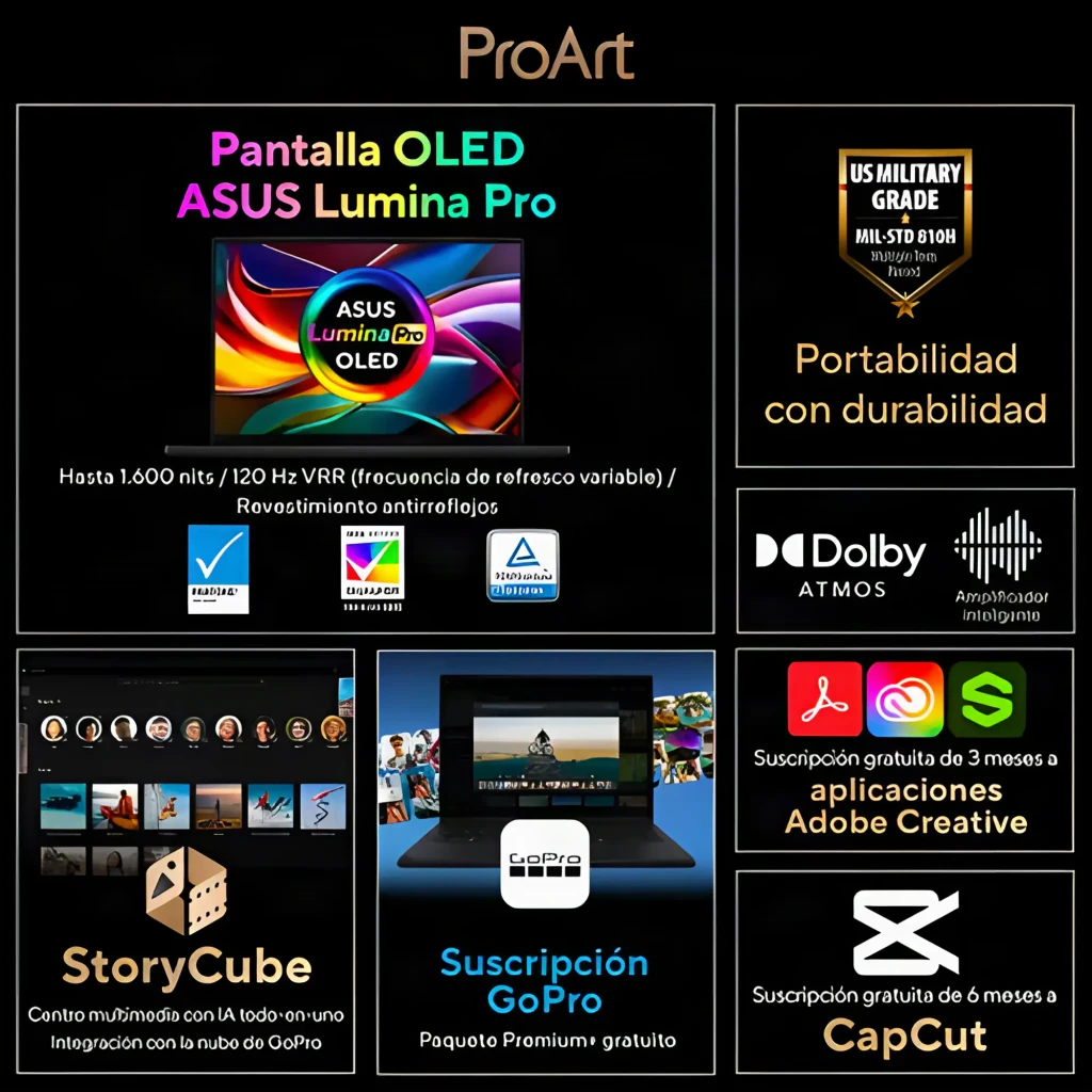 ASUS ProArt OLED H7606WM 2TB noir, vue de face: écran OLED allumé avec logo ProArt et clavier QWERTY visible - Ítem6