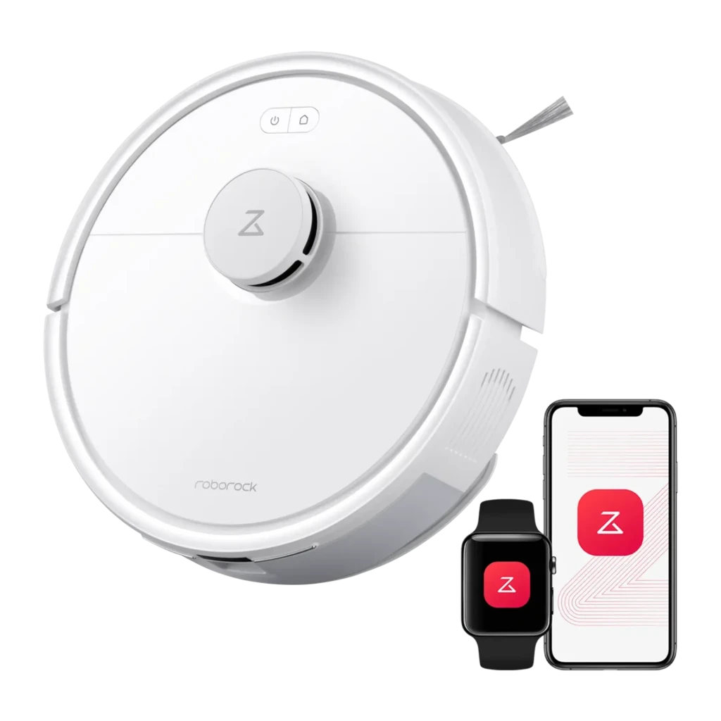 Roborock Robô aspirador Q7 Branco, vista diagonal frontal: corpo redondo branco, sensor LiDAR central e base de carregamento - Item1