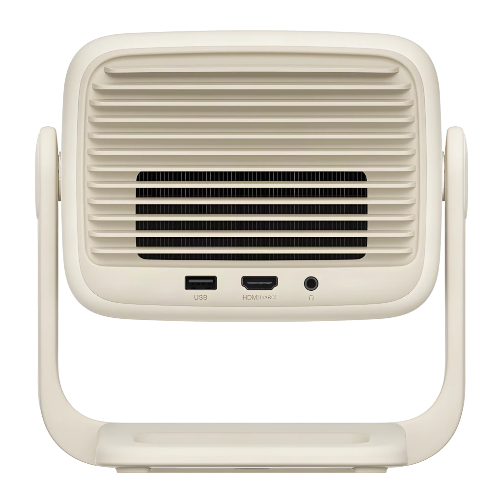 JMGO N1S Nano Projecteur 16GB Beige, vue avant en angle: objectif optique, capteur et support articulé inférieur - Ítem8