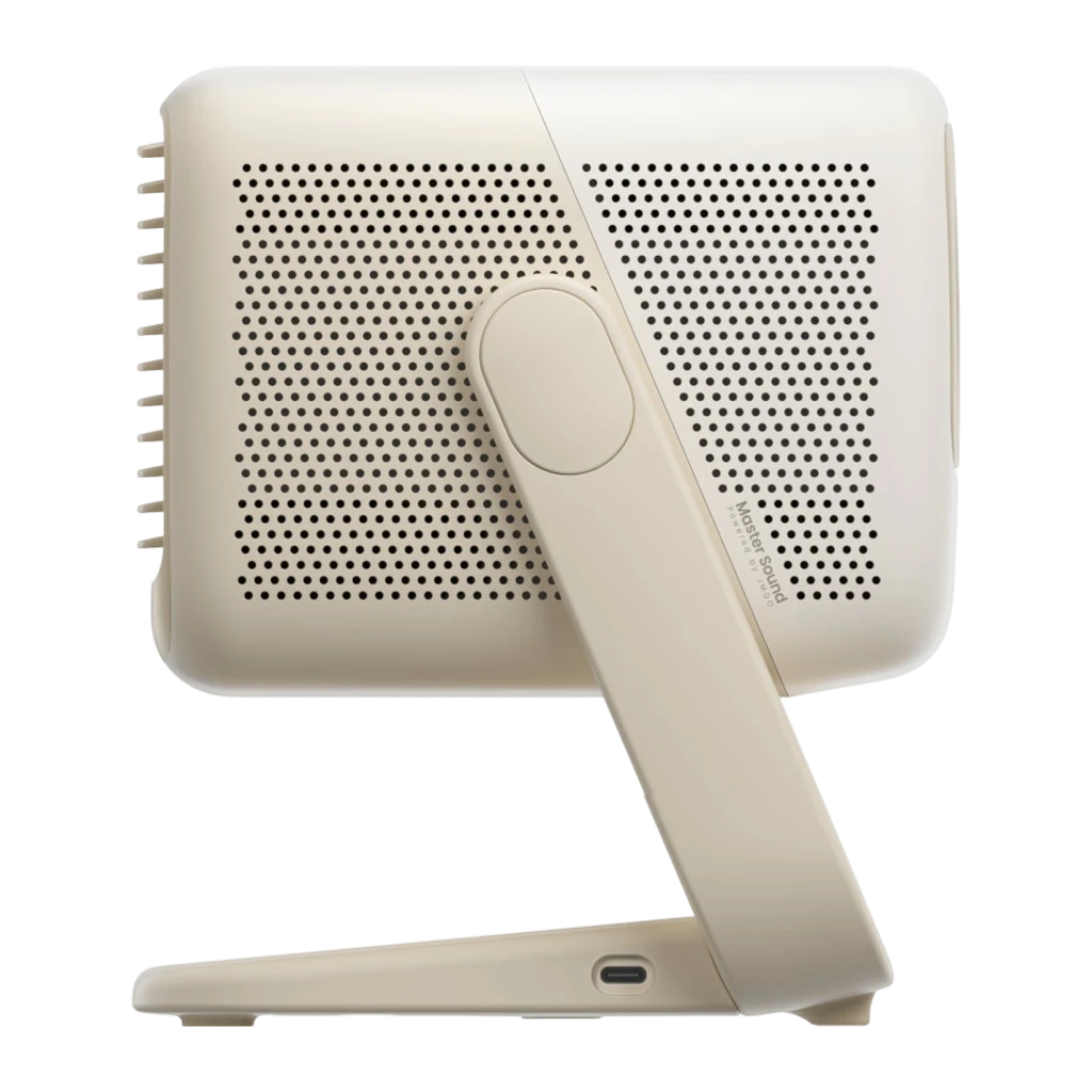 JMGO N1S Nano Projecteur 16GB Beige, vue avant en angle: objectif optique, capteur et support articulé inférieur - Ítem2