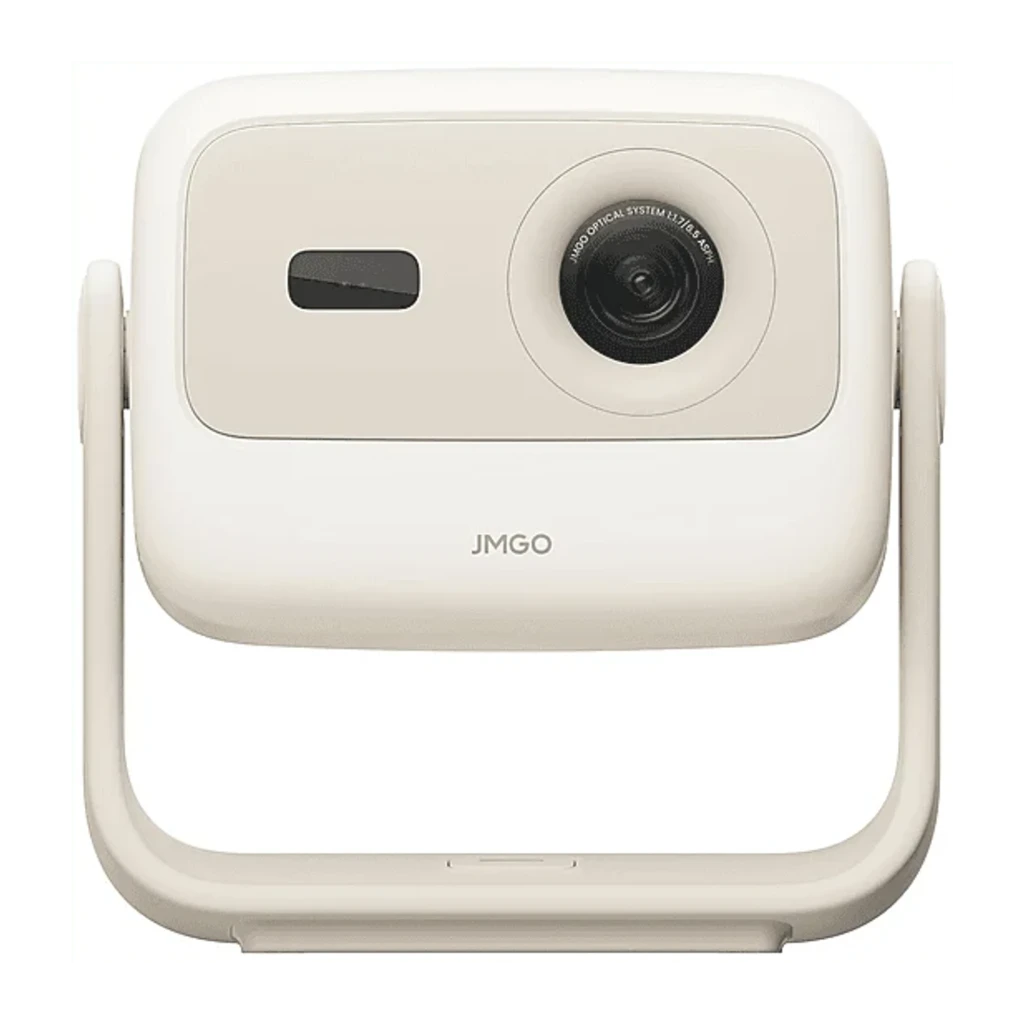 JMGO N1S Nano Projecteur 16GB Beige, vue avant en angle: objectif optique, capteur et support articulé inférieur - Ítem3