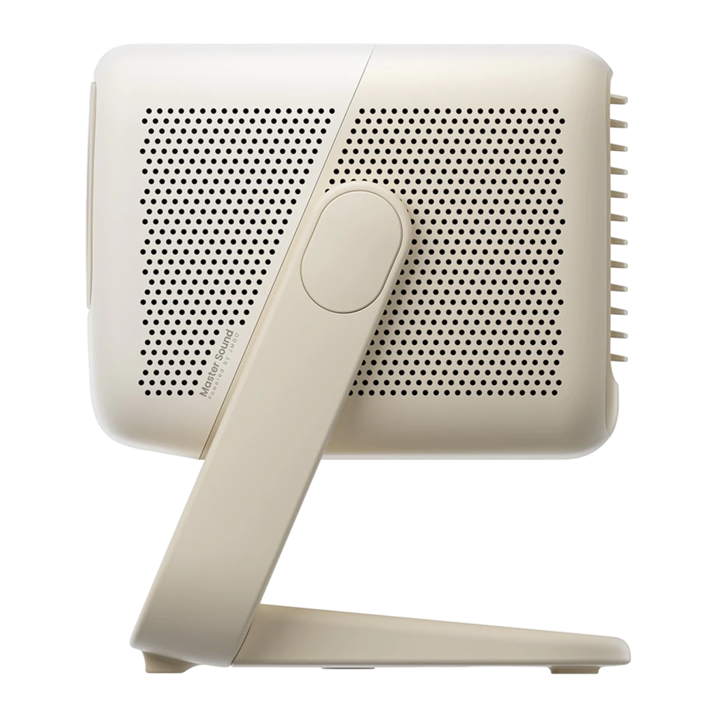 JMGO N1S Nano Projecteur 16GB Beige, vue avant en angle: objectif optique, capteur et support articulé inférieur - Ítem1