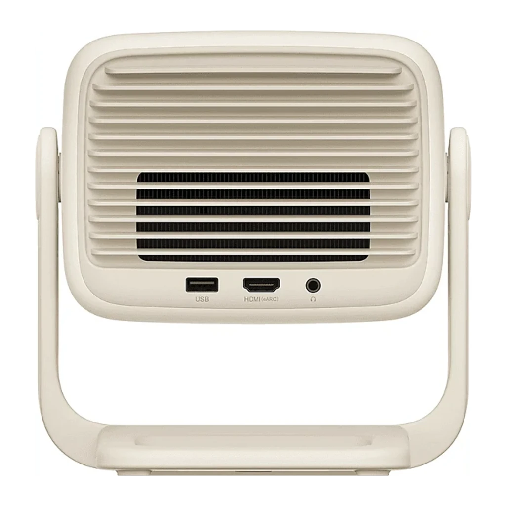 JMGO N1S Nano Projecteur 16GB Beige, vue avant en angle: objectif optique, capteur et support articulé inférieur - Ítem6