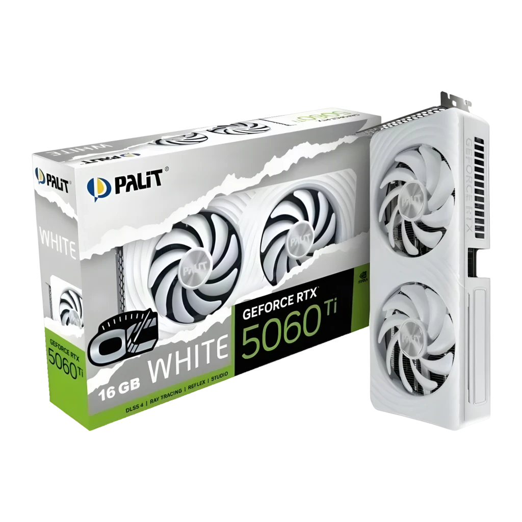 Palit GeForce RTX 5060 Ti OC WHITE 8GB blanco, vista frontal en ángulo: carcasa blanca con dos ventiladores y bracket - Ítem3
