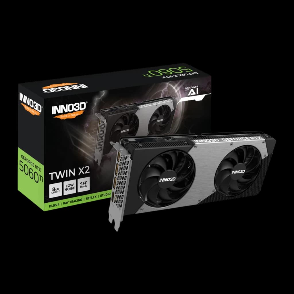 Inno3D GeForce RTX 5060 Ti 8GB TWIN X2 negro gris, kit con caja: tarjeta gráfica en ángulo frontal junto a caja negra Twin
