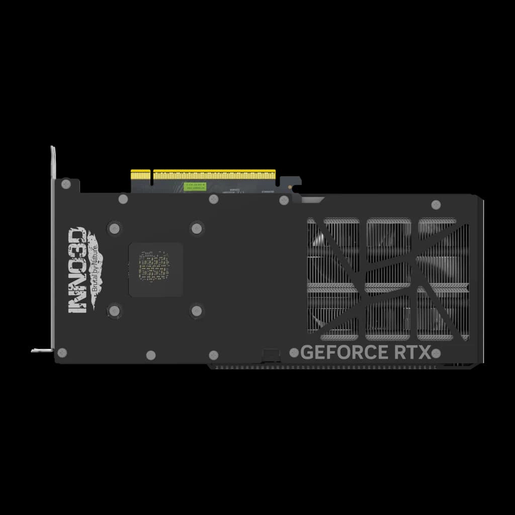Inno3D GeForce RTX 5060 Ti 8GB TWIN X2 negro gris, vista trasera: backplate negro con logo INNO3D, rejilla de ventilación