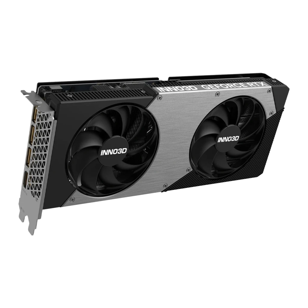 Inno3D GeForce RTX 5060 Ti 8GB TWIN X2 negro gris, kit con caja: tarjeta gráfica en ángulo frontal junto a caja negra Twin - Ítem3