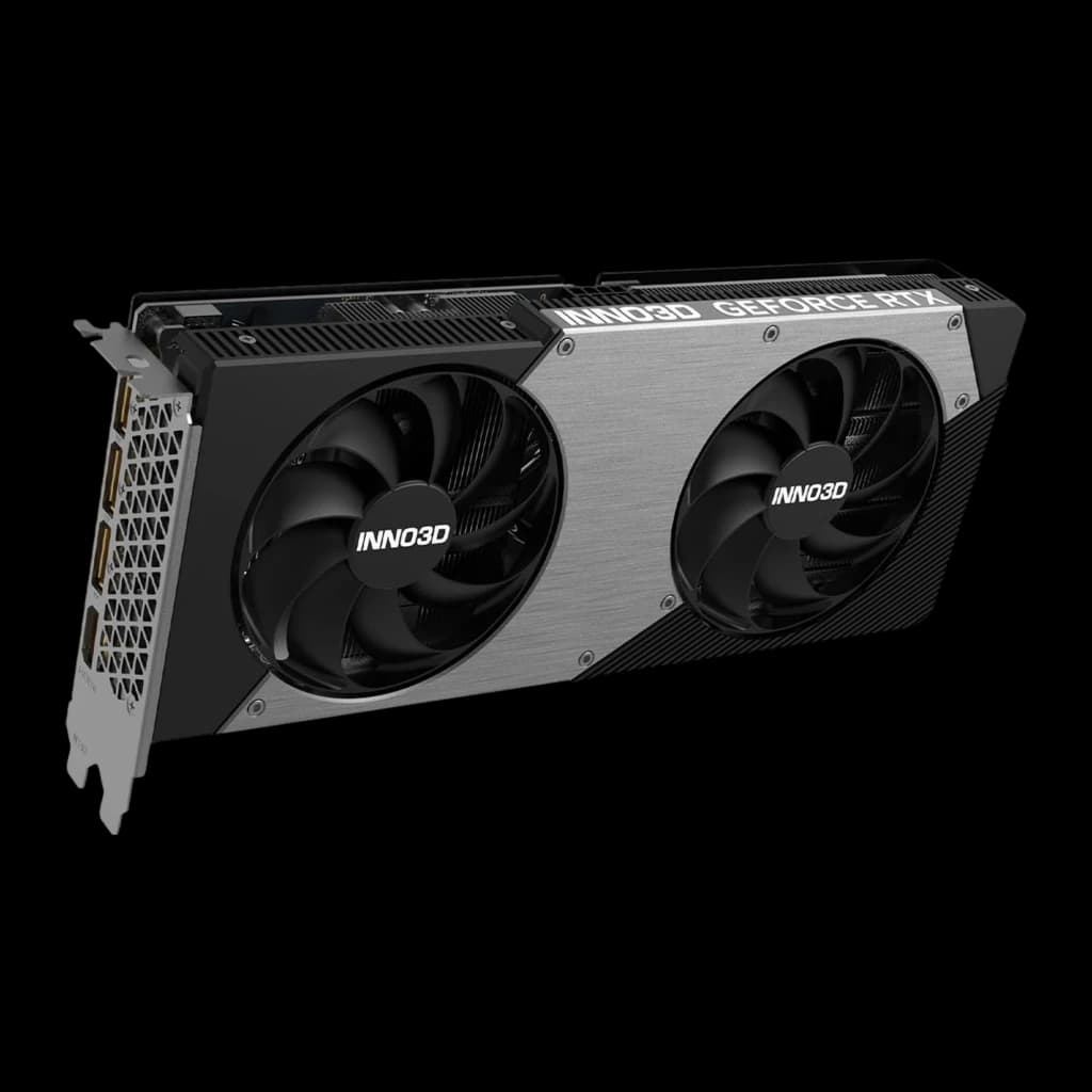 Inno3D GeForce RTX 5060 Ti 8GB TWIN X2 negro gris, vista en ángulo frontal: bracket con puertos visibles, shroud plateado