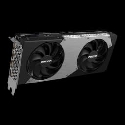 Inno3D GeForce RTX 5060 Ti 8GB TWIN X2 negro gris, vista en ángulo frontal: bracket con puertos visibles, shroud plateado