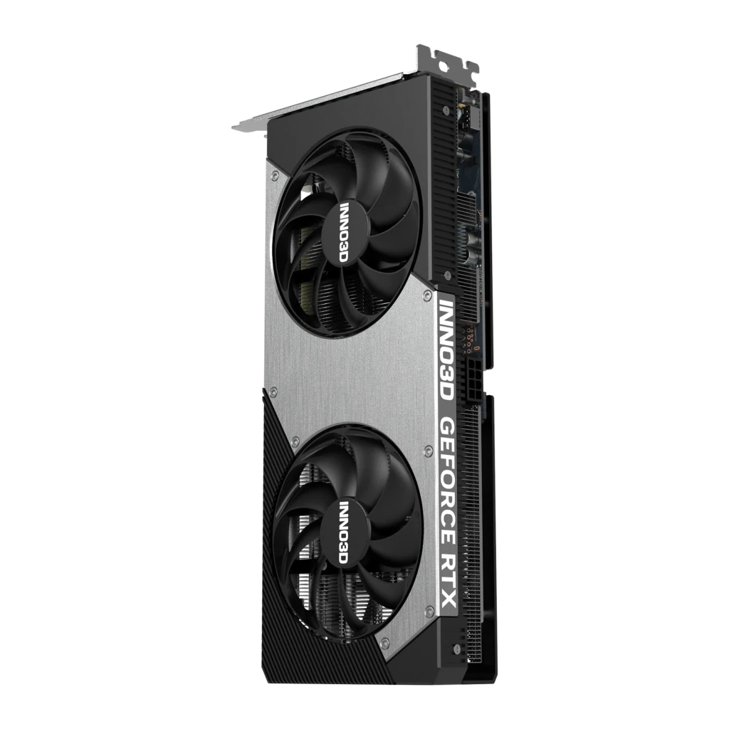 Inno3D GeForce RTX 5060 Ti 8GB TWIN X2 negro gris, kit con caja: tarjeta gráfica en ángulo frontal junto a caja negra Twin - Ítem4