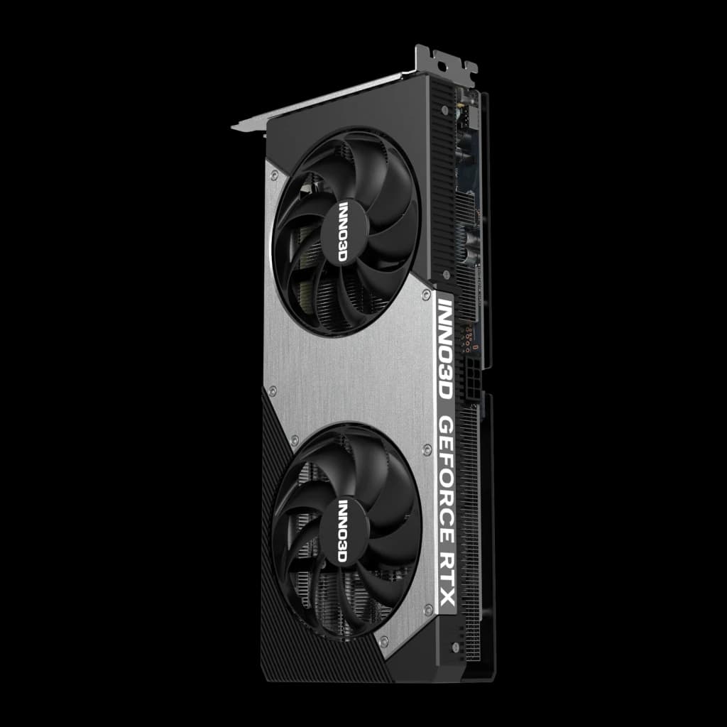 Inno3D GeForce RTX 5060 Ti 8GB TWIN X2 negro gris, vista lateral vertical: conector de alimentación visible, shroud plateado